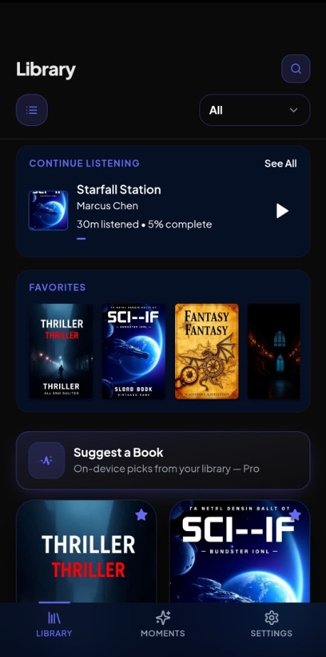 Library screen showing continue listening and favorites rows