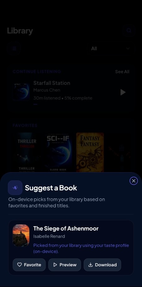 Suggest a Book panel showing an on-device recommendation